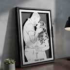 Couple kissing, steel portrait in a black frame with a short line cut below