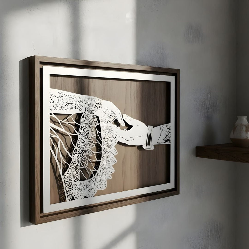 Close-up of the groom's hand at the bride's lace garter, landscape steel portrait in a walnut frame