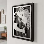 Couple embracing and kissing, steel anniversary portrait in a black frame