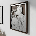 Bride and groom kissing, laser cut steel portrait in a walnut frame