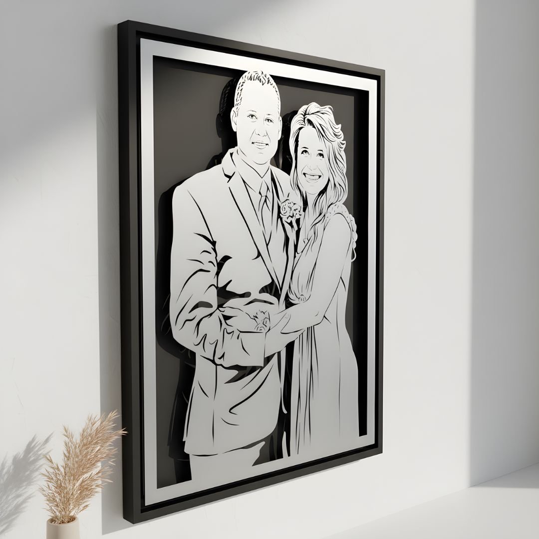 Bride and groom smiling together, steel anniversary portrait in a black frame