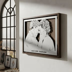 Couple forehead to forehead, landscape steel portrait in a walnut frame with their date below