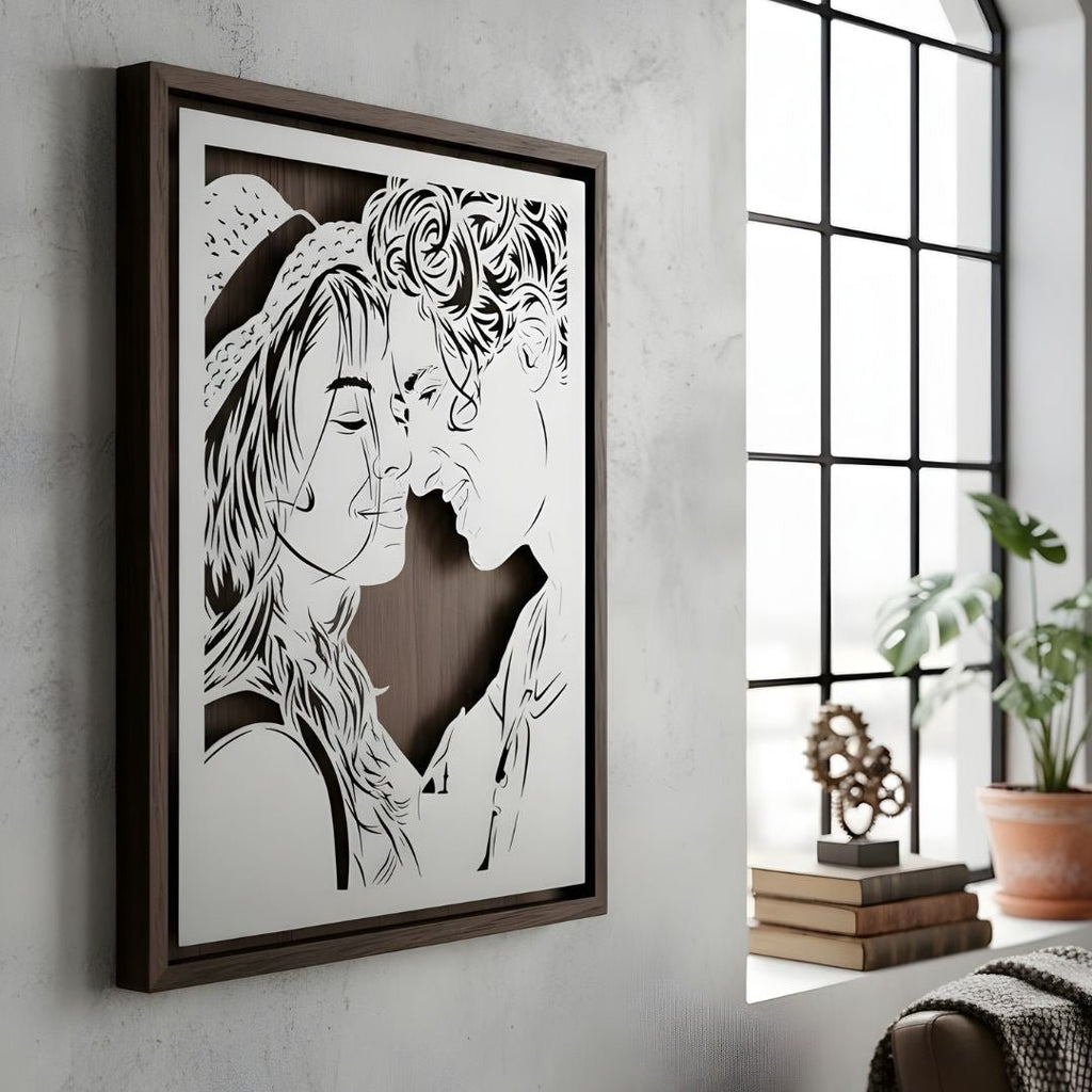 Close-up of a couple about to kiss, laser cut steel in a walnut frame