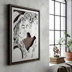 Close-up of a couple about to kiss, laser cut steel in a walnut frame