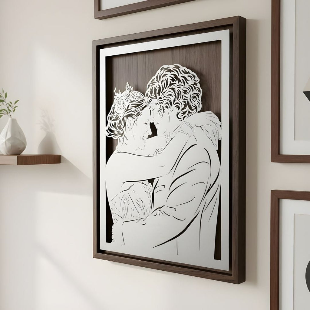 Couple embracing forehead to forehead, steel portrait in a walnut frame
